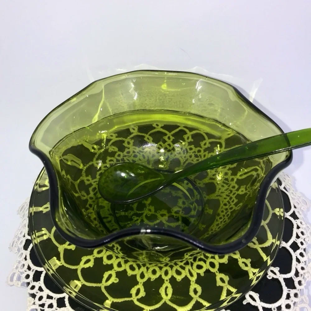 Vintage 70s Green Glass Bowl Plate Serving Spoon Set 1970s Fluted Ribbon Rim MCM